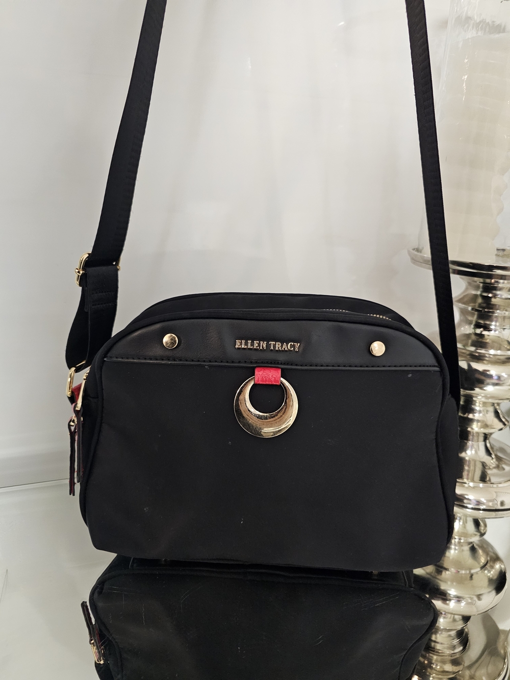 Ellen Tracy Ella Twill Black Crossbody with Gold Ring & Red Tab